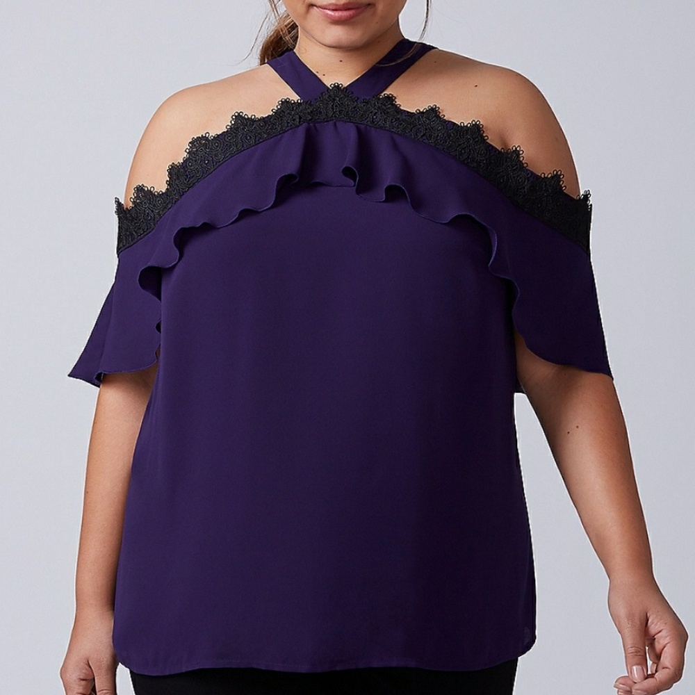 🆕 Lane Bryant FLUTTER COLD-SHOULDER TOP WITH LACE - Picture 3 of 4